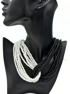 Monet Designer Signed White Black Glass Seed Beads Multi Strand Torsade Necklace